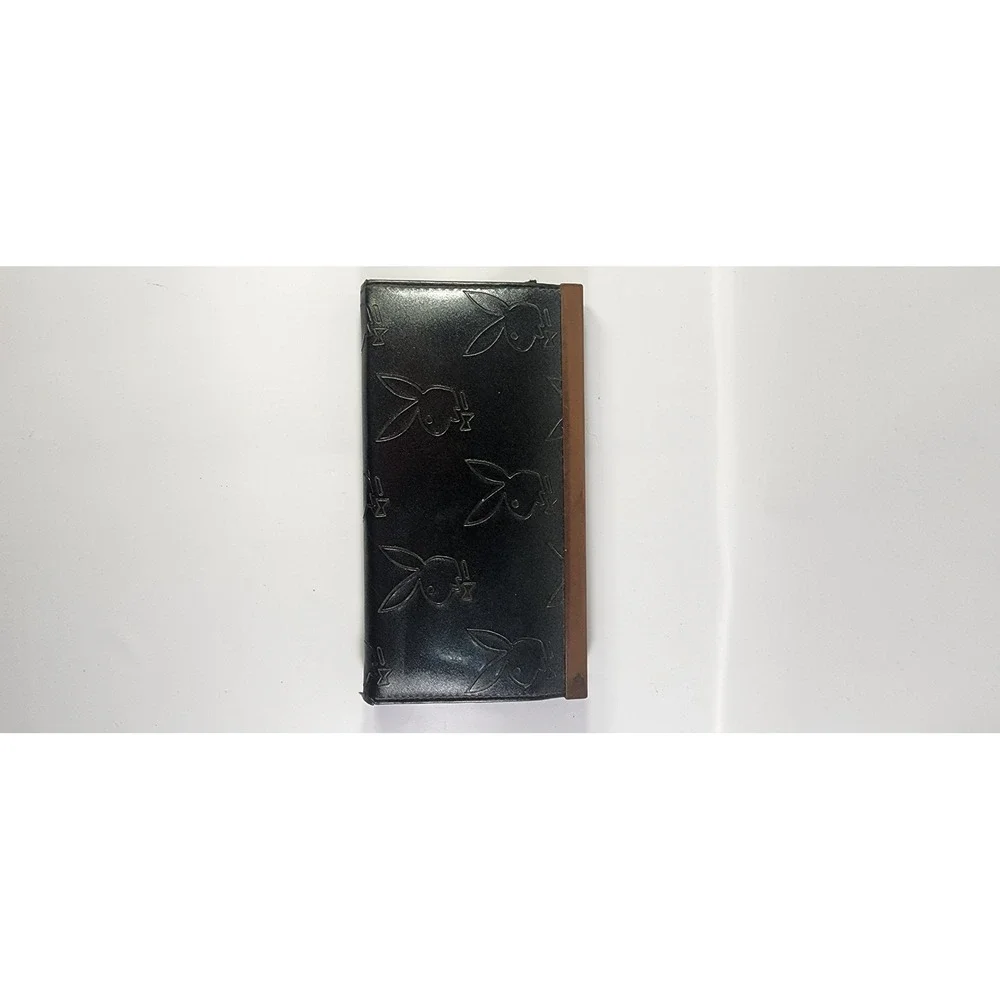Y2K Vintage Playboy Bunny Embossed Black Long Wallet Flip Lock Tri-Fold